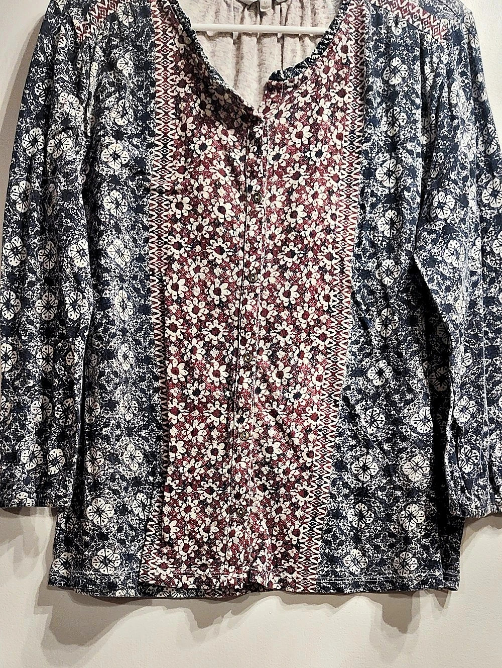 Lucky Brand Print Mix Peasant Blouse Blue & Red Medium